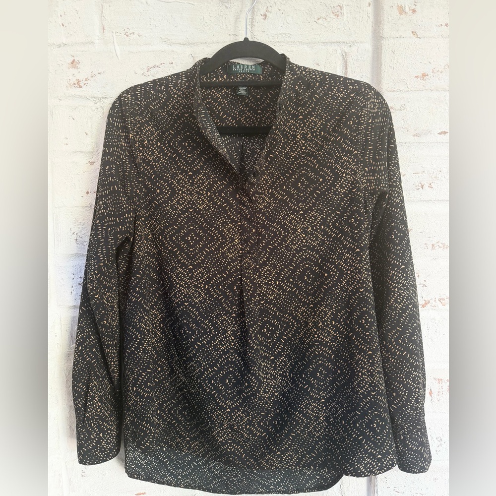 Ralph Lauren Women’s Black and Tan Patterned Blouse